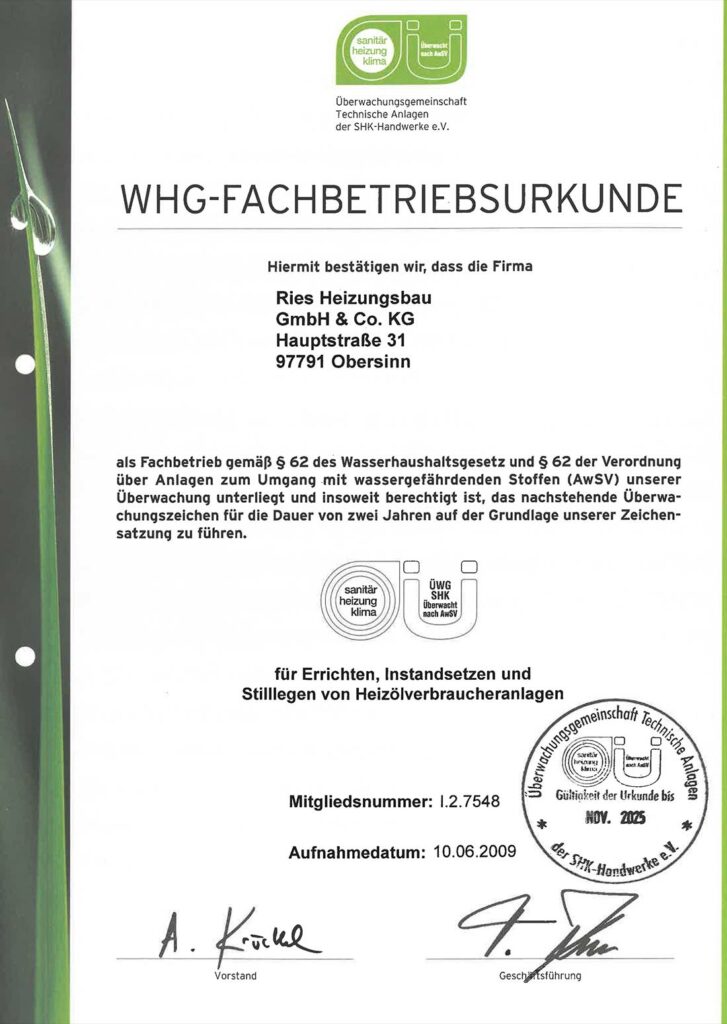 WHG-Fachbetriebsurkunde